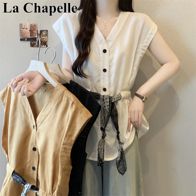 拉夏贝尔新款大码韩系简约V领设计感宽松夏季收腰显瘦百搭上衣女