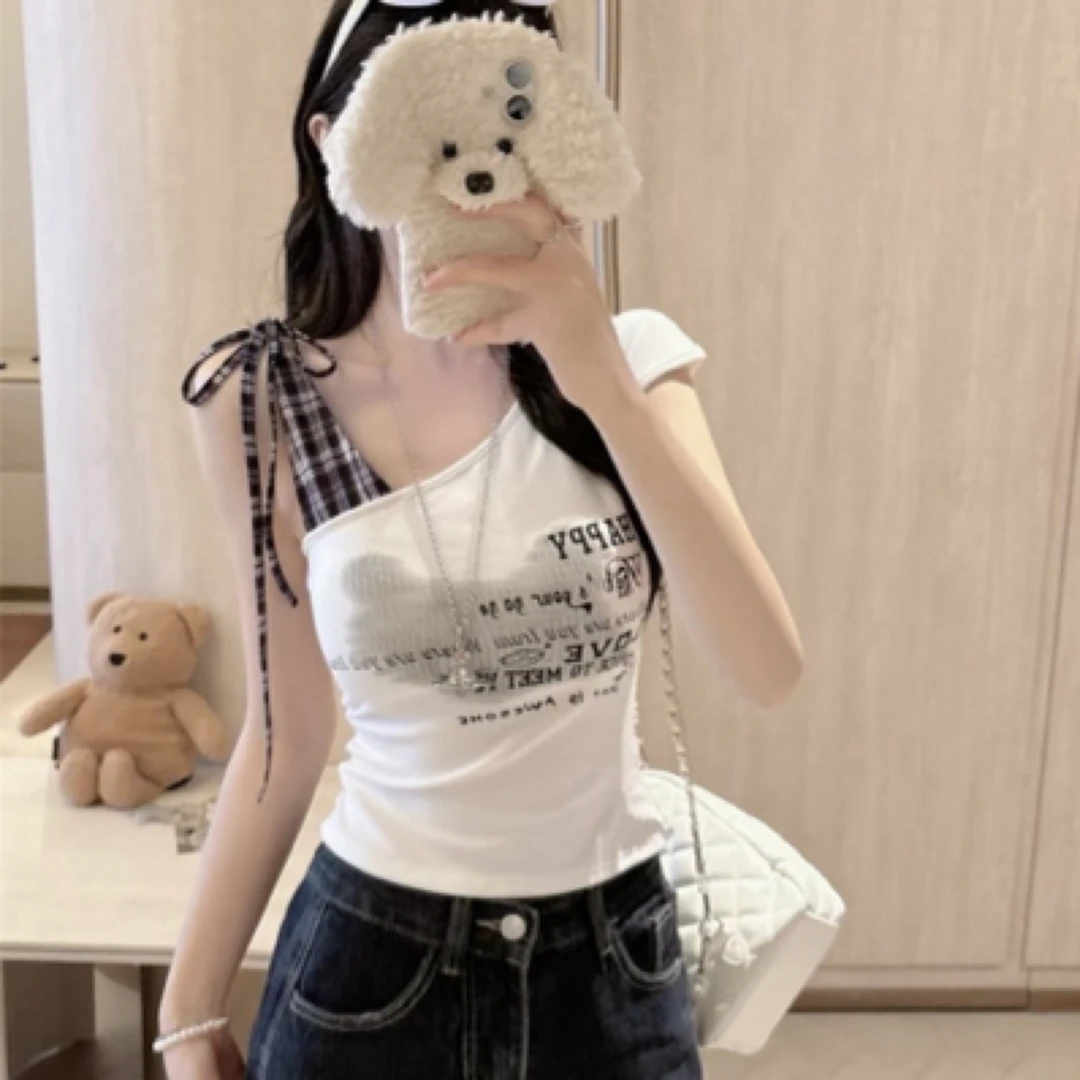 夏季新款气质拼接短款格子绑带显瘦字母印花吊带背心女上衣