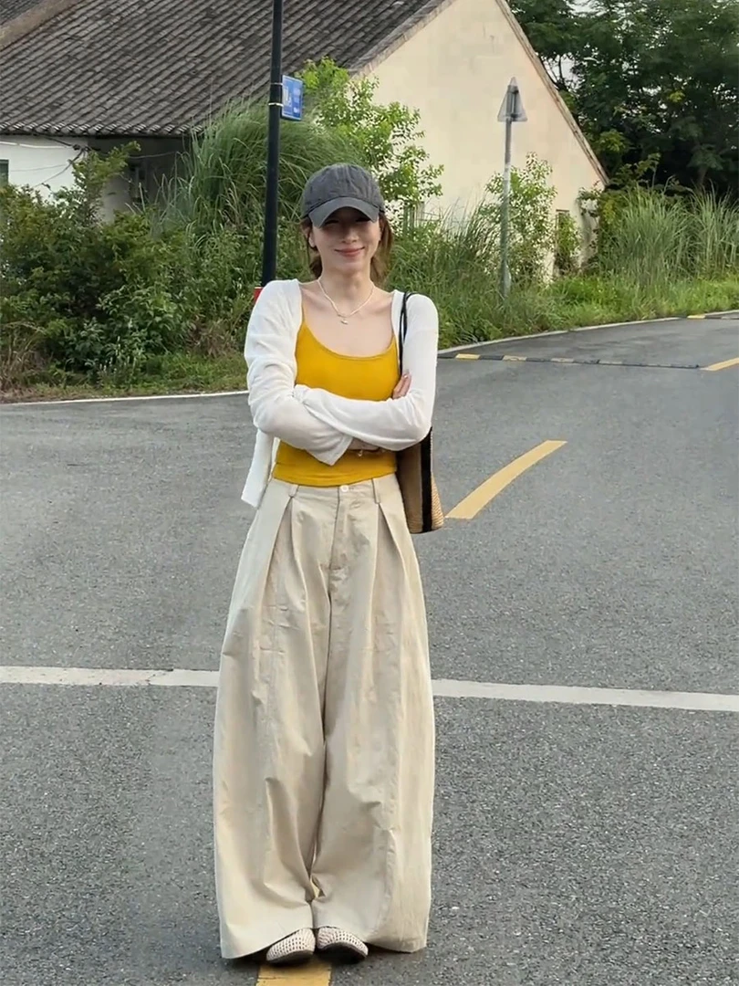 卡其色气质高级休闲裤女2025夏季新款时尚设计高腰宽松显瘦阔腿裤