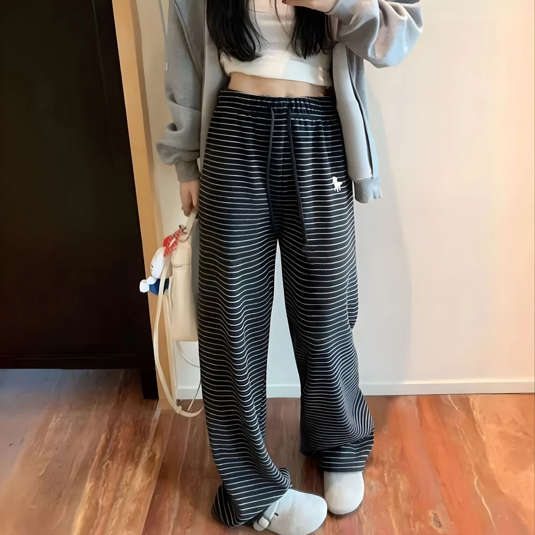 加绒条纹直筒阔腿裤女2024冬季加厚小马刺绣垂感拖地毛巾裤
