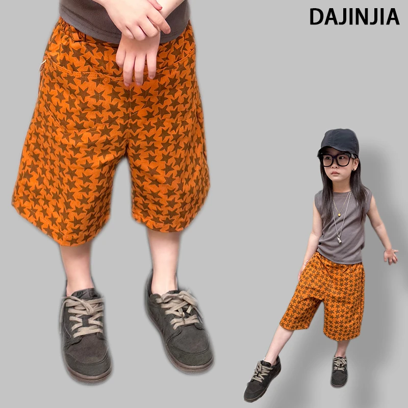 大金定制夏季新款橘色满印五角星星棉感直筒休闲宝宝洋气七分潮裤
