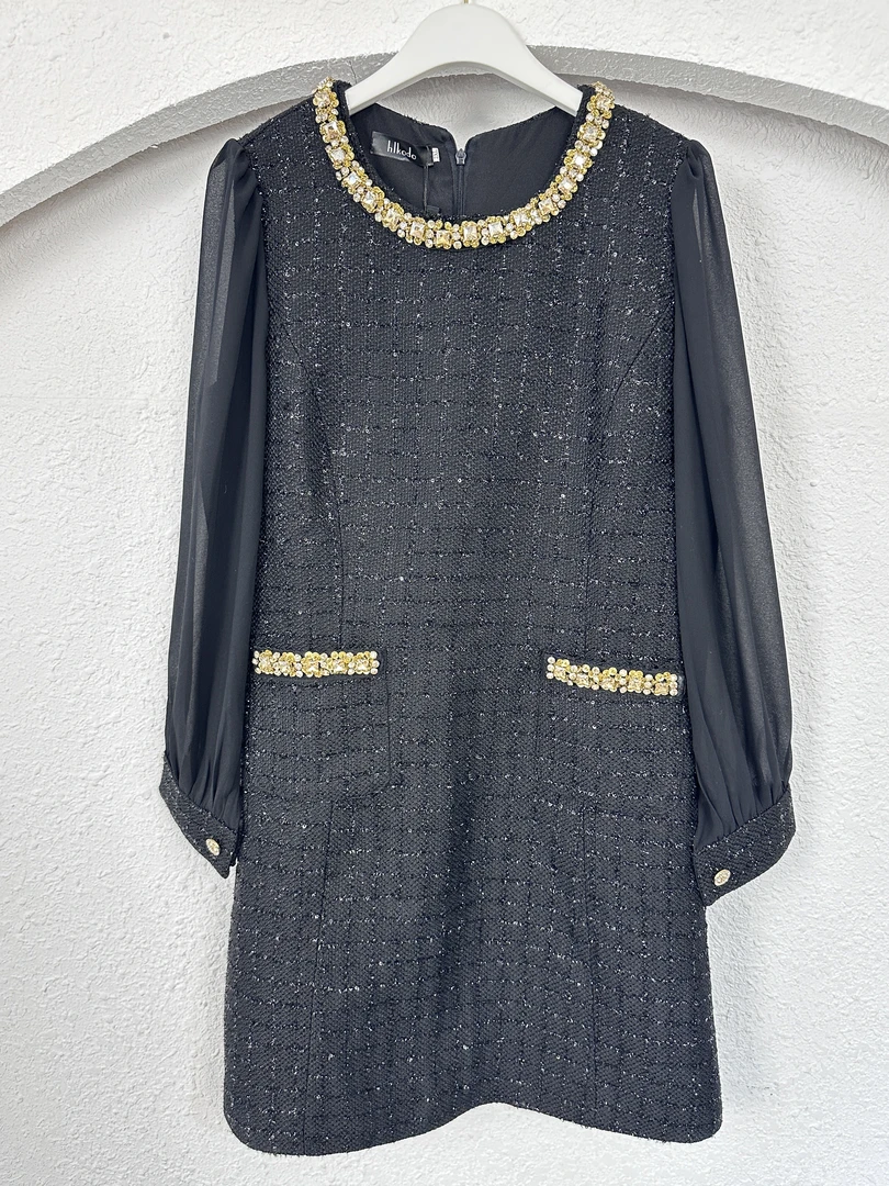 连袖长袖圆领中腰女士透气拉链常规秋冬设计师连衣裙