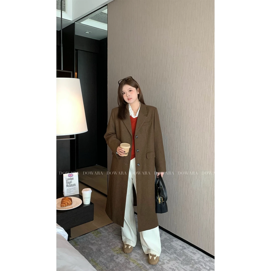 大婉酱微胖定制韩版长款西装外套女2024秋冬新款绵羊毛大衣 5604D