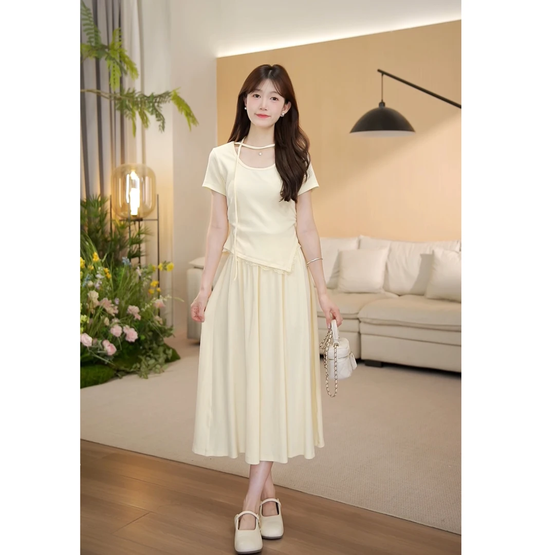 （现货）夏季显瘦法式小众设计感高腰半身裙+上衣套装-2258