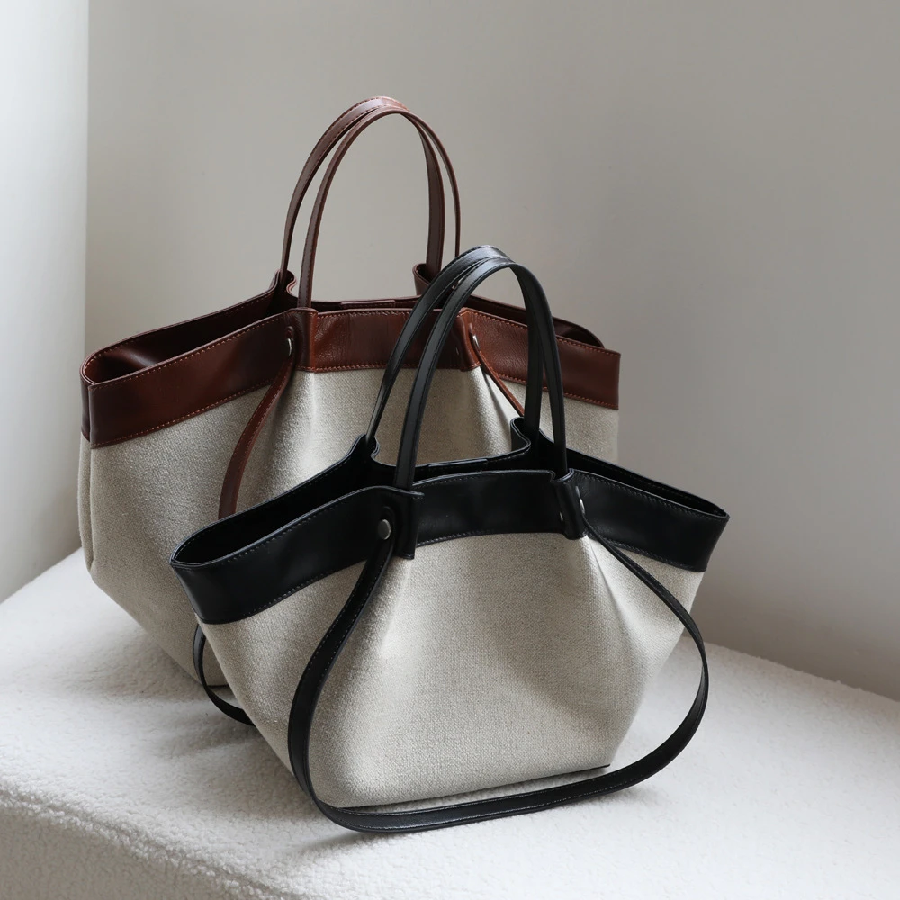 头层牛皮褶皱帆布托特包女单肩包手提通勤包大容量蝙蝠包