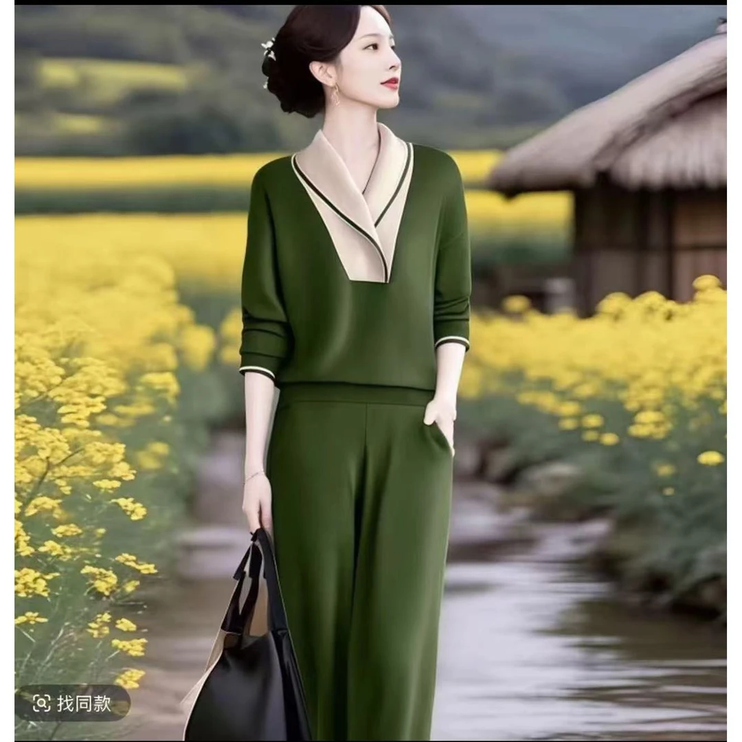 【现货】2025春秋新款高级感撞色拼接上衣女优雅直筒休闲裤两件套