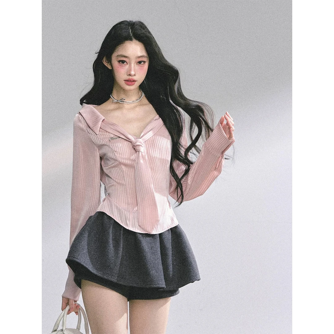 粉蔻学院 法式polo领条纹显瘦衬衫女秋季C 9455#