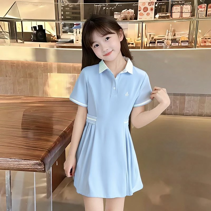 女童连衣裙2025夏季新款时髦清爽碎冰蓝翻领收腰甜美可爱小清新