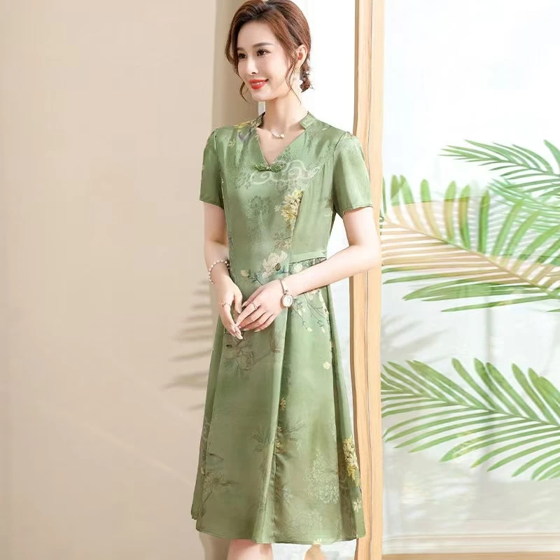 10019-中年妈妈夏装时尚短袖连衣裙新款洋气中长款裙子中老年女装