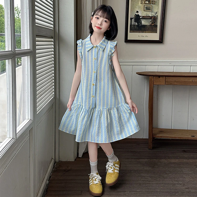 女童清新休闲儿童甜美夏季条纹无袖女孩连衣裙2025中大童5-15岁潮