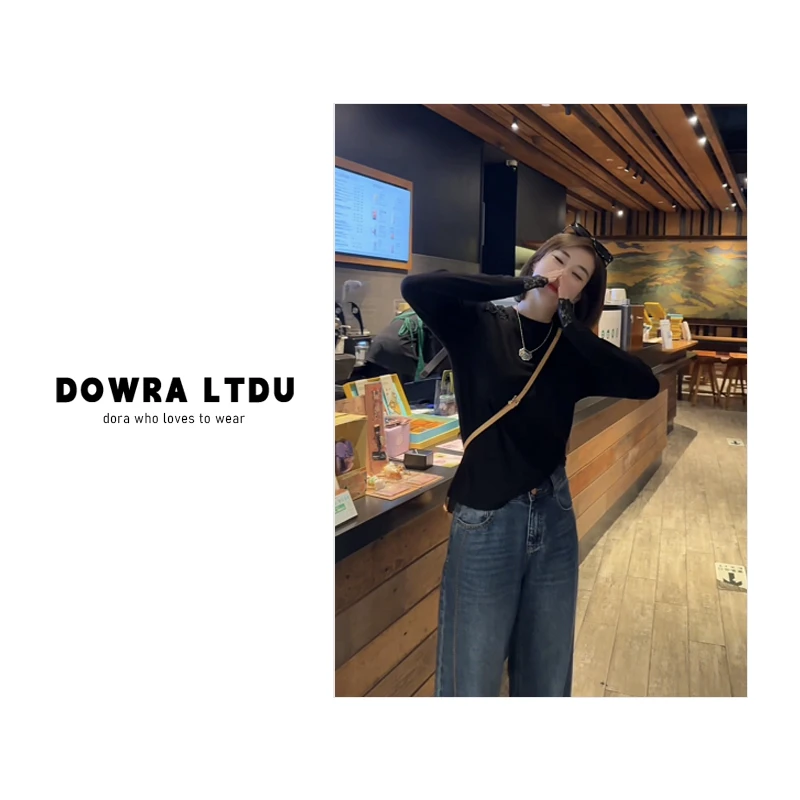 朵拉【自在风雅】2025年秋季新款圆领蕾丝纯色长袖百搭T恤016-00078