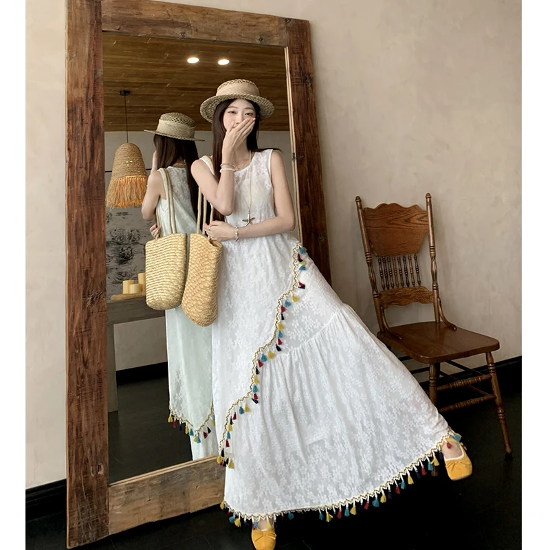 法式气质蕾丝刺绣无袖白色连衣裙套装女夏季不规则半身裙子两件套