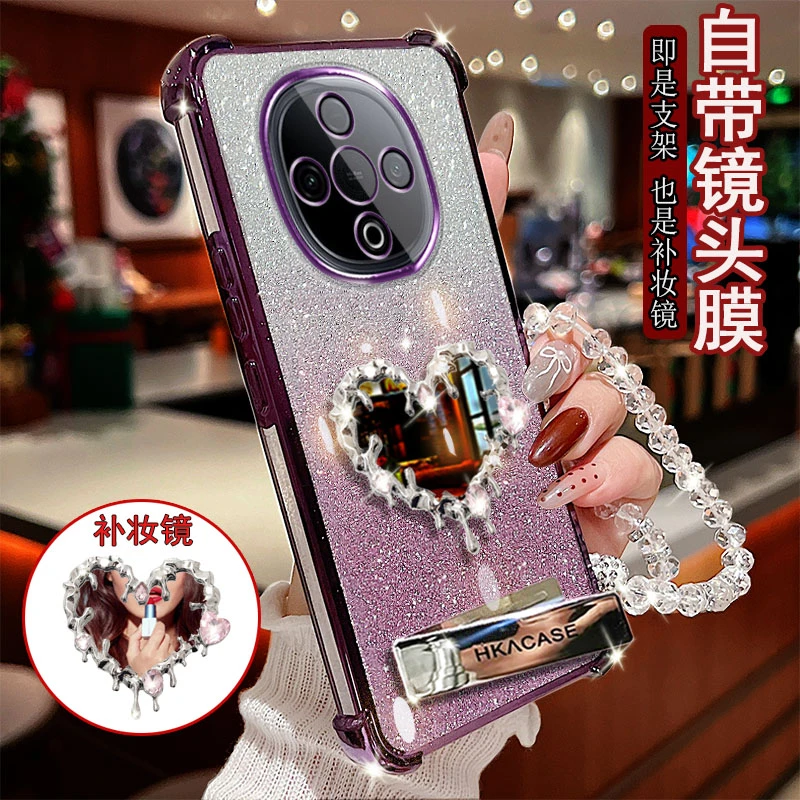 适用vivo y300手机壳v2435a镶钻支架爱心镜子防摔保护套镜头全包