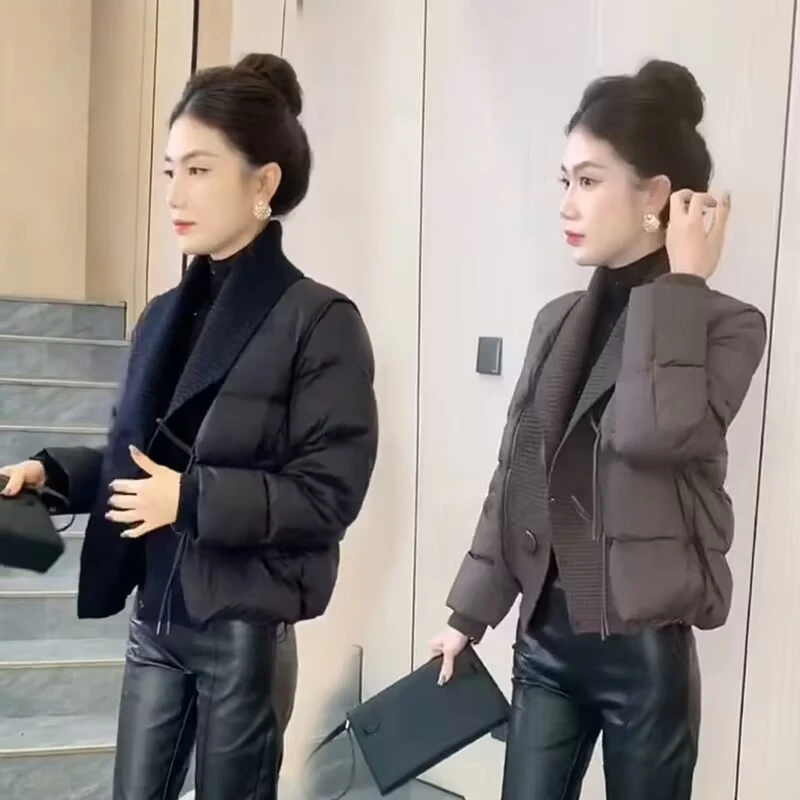 欧洲站洋气气质减龄时尚百搭棉服女2024冬季新款针织拼接保暖外套