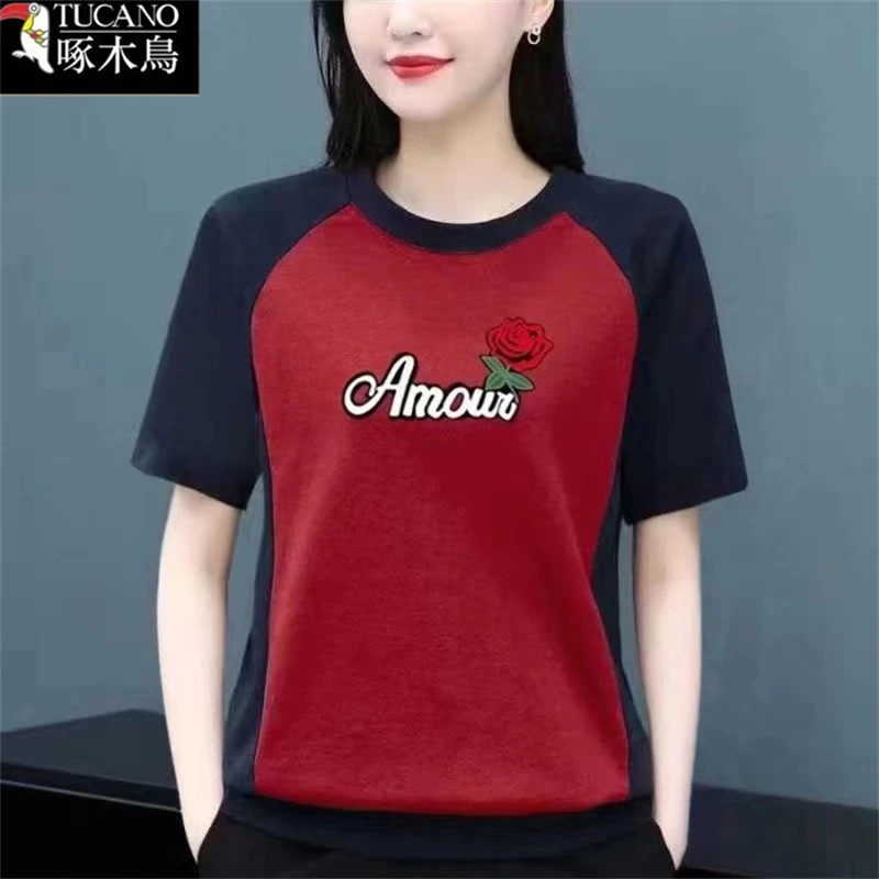 啄木鸟新款插肩袖撞色T恤女2025年夏季短袖减龄显瘦印花圆领上衣