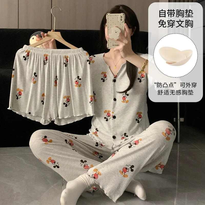 2025新款睡衣女爆款三件套带胸垫夏季短袖开衫可爱卡通家居服套装