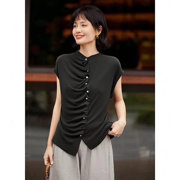 WYK XL胸96-160长58不对称褶皱设计感小众假开衫套头T恤上衣 2143