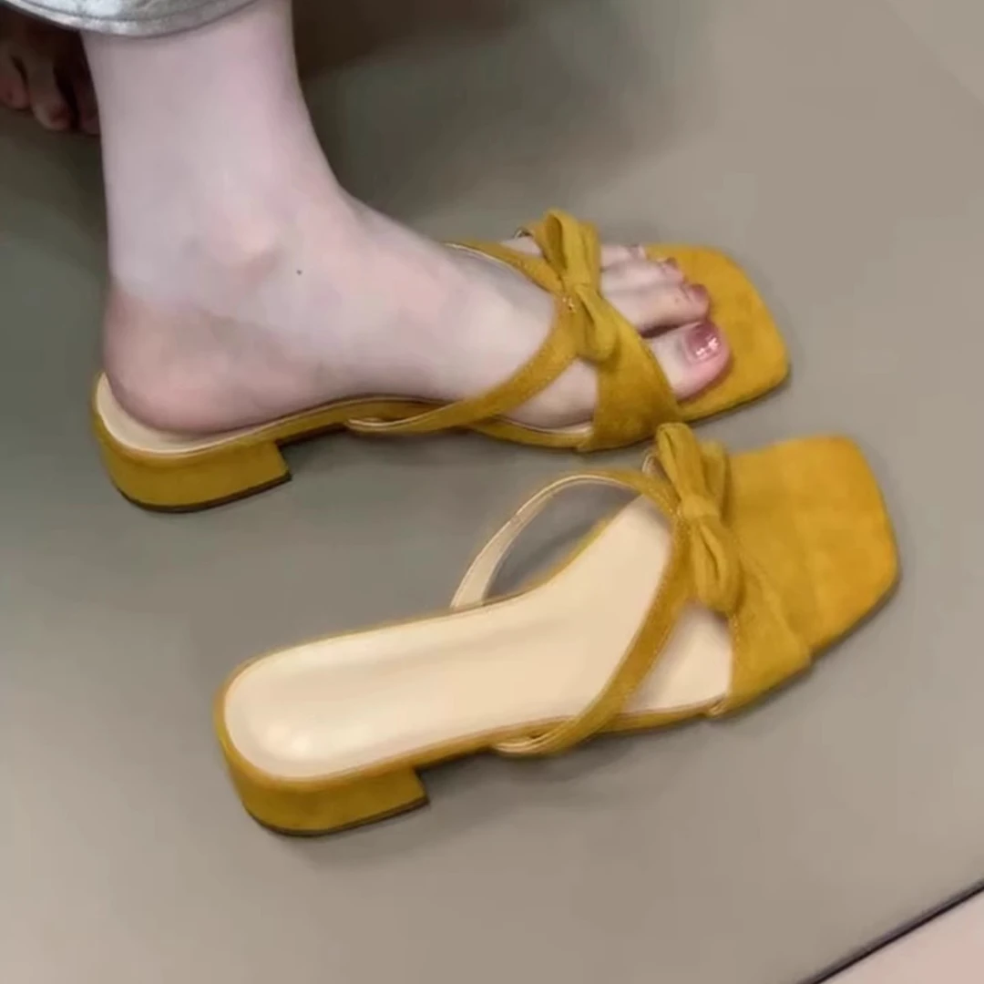 羊皮版~蝴蝶结一字拖百搭时尚新款法式方头粗跟晚晚鞋凉拖鞋女