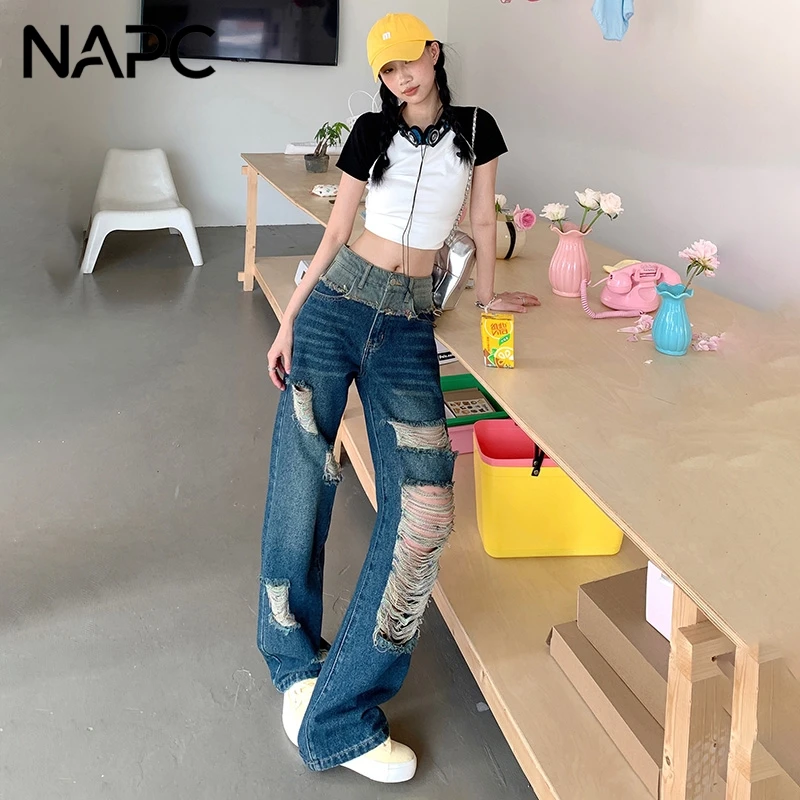 NAPC美式拼接痞辣腿精显瘦百搭破洞高腰牛仔裤女宽松夏季拖地裤