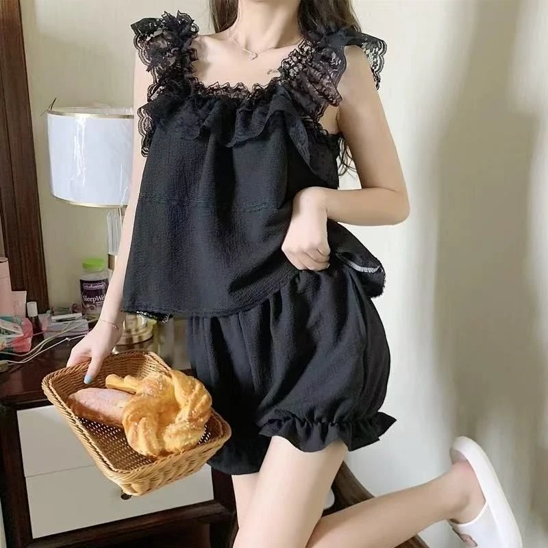 福虞夏季睡衣少女士吊带蕾丝花边纯欲性感泡泡棉公主风甜美可爱家