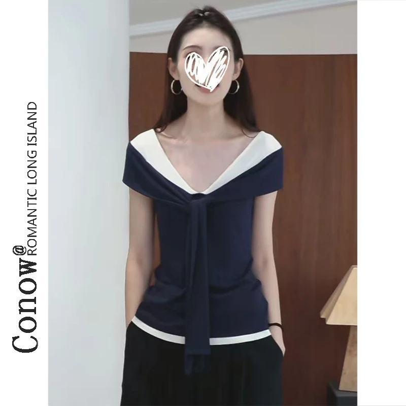 美式撞色大V领T恤女夏季新短款高级设计感修身气质露肩女上衣