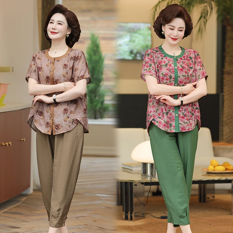 碎花开衫九分裤夏季新款妈妈短袖两件套透气宽松中老年女装大码