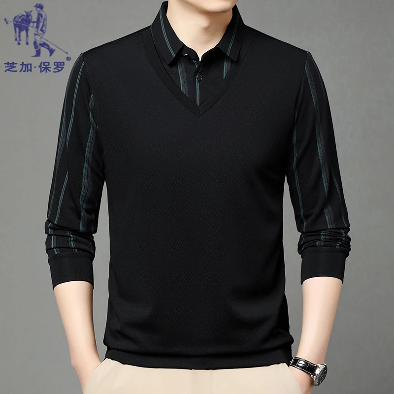 芝加保罗秋季假两件上衣男商务休闲条纹衬衫翻领t恤衫