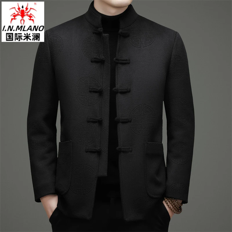 高端唐装男秋冬羊毛呢子中老年中山装加厚棉袄中国风保暖毛呢外套