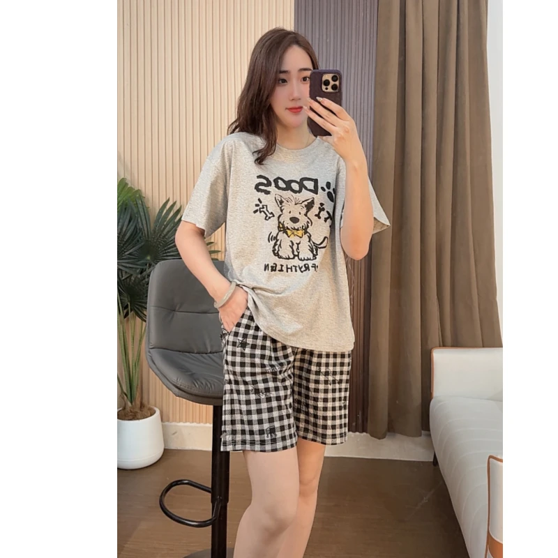 睡衣女夏款新款纯棉短袖短裤休闲可外穿家居服套装（格子西高地）