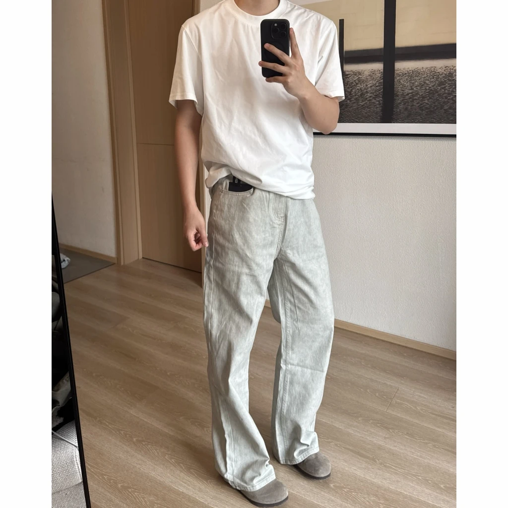 做旧复古牛仔裤夏季大理石脏灰美式潮牌直筒牛仔裤春夏男裤工装