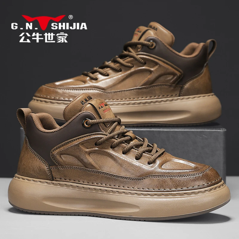 公牛世家高帮鞋男2025秋季爆款复古休闲皮鞋厚底增高加绒老爹鞋潮