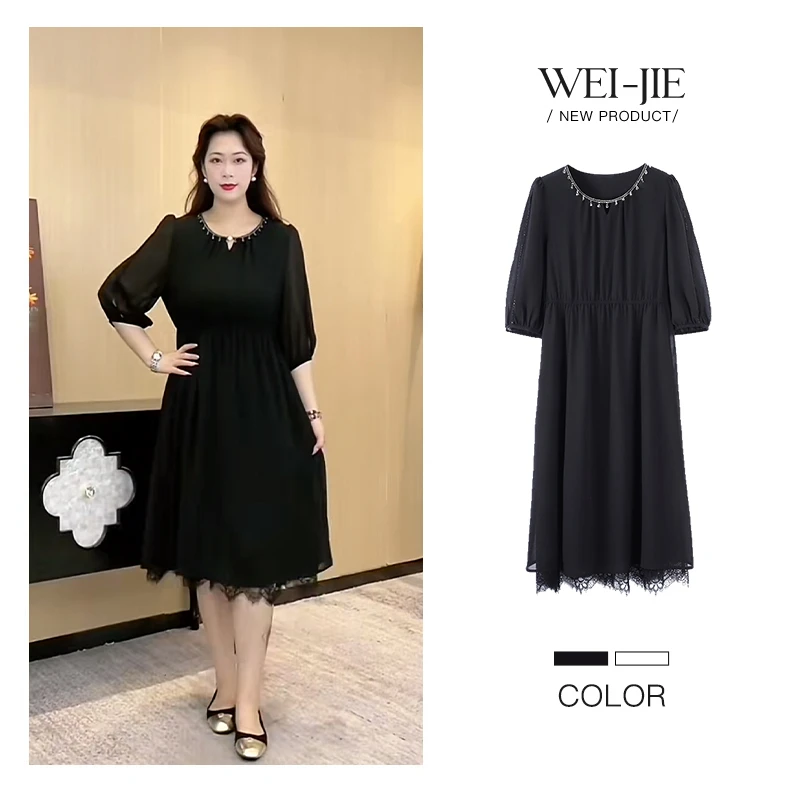 薇姐大码女装2025夏季新款显瘦中长款法式赫本风连衣裙250812