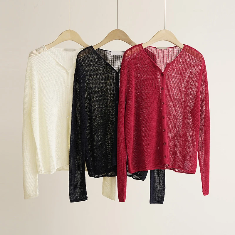 设计感亚麻薄款针织开衫慵懒轻奢风女士上衣（250839）2845