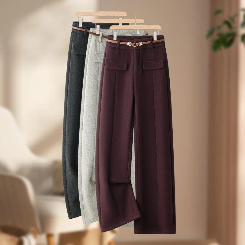 呢阔腿裤女2024秋冬季季新款高腰显瘦加绒加厚休闲 窄版直筒裤子