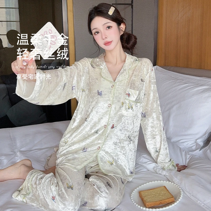 2025秋冬季节长袖金丝绒睡衣女甜美彩色蝴蝶开衫家居服套装CM324