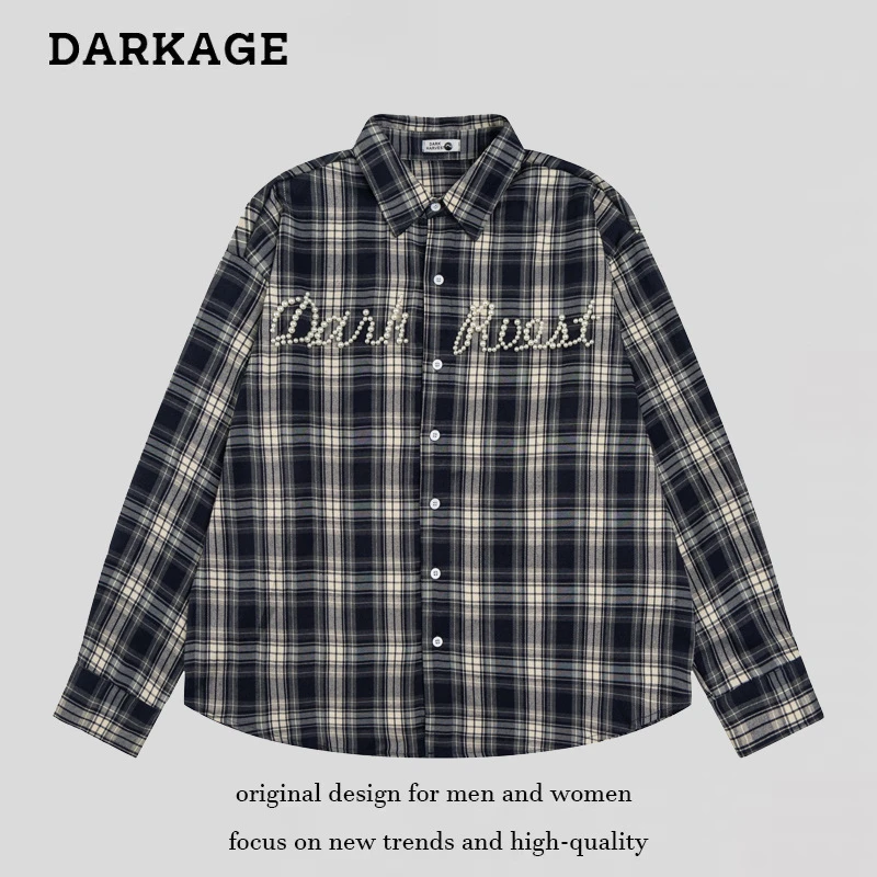 美式国潮字母烫钻字母格纹长袖衬衫男街头复古宽松休闲衬衣外套