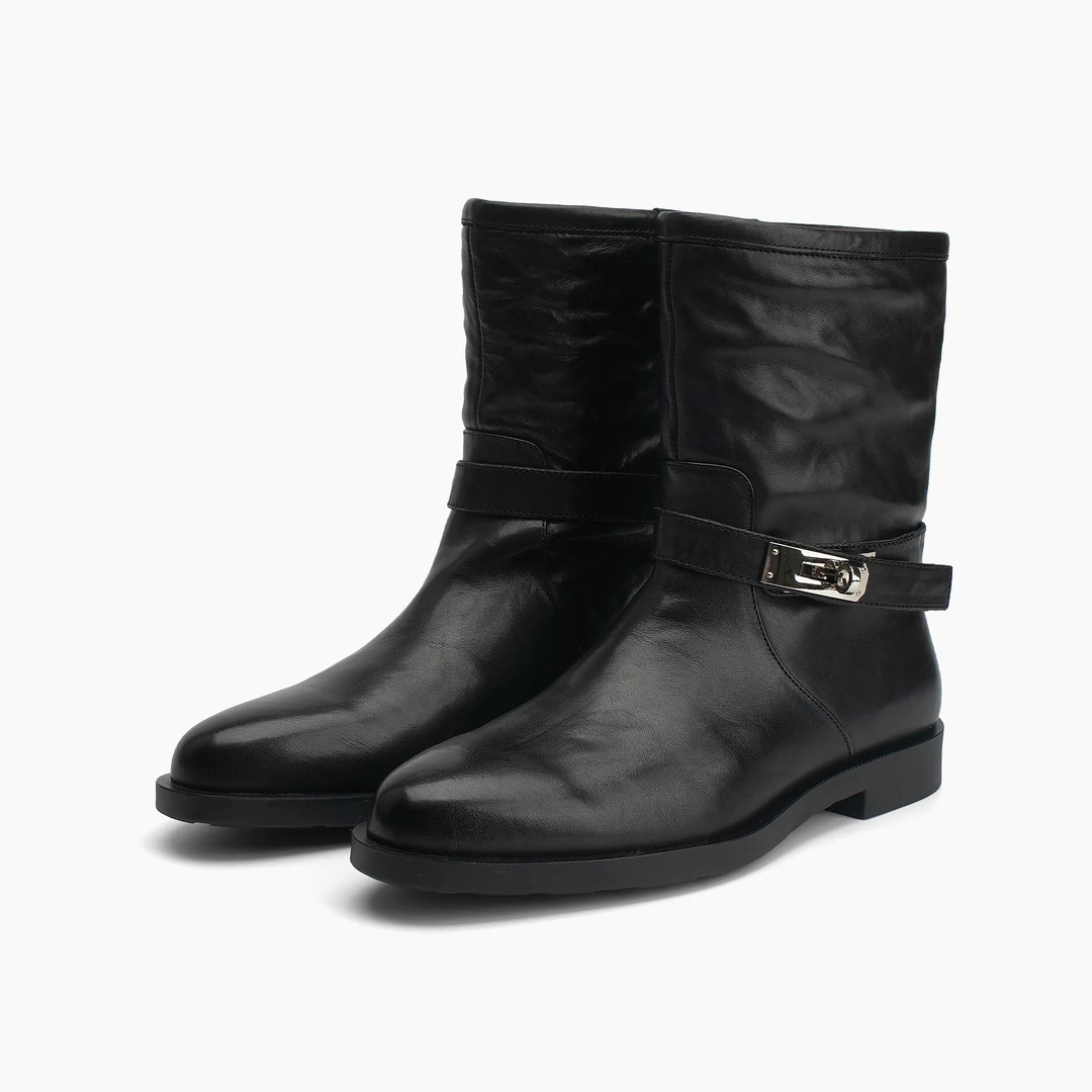 杜米亚头层牛皮女鞋皮带金属扣中筒短靴W8215137