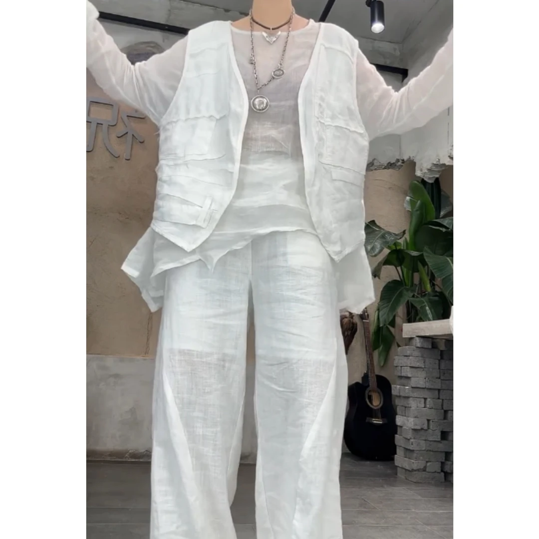 2025夏季新款高腰显瘦大码苎麻防晒衬衫三件套