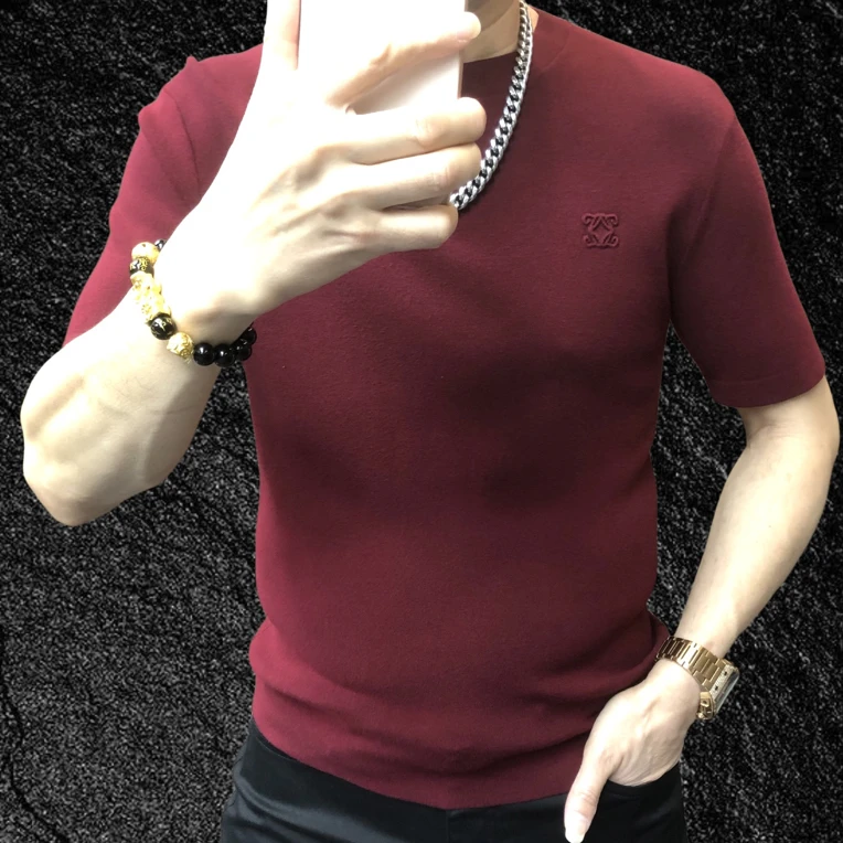 （秋冬轻奢）男士高端轻奢气质百搭天丝针织纯色修身半袖T恤17066