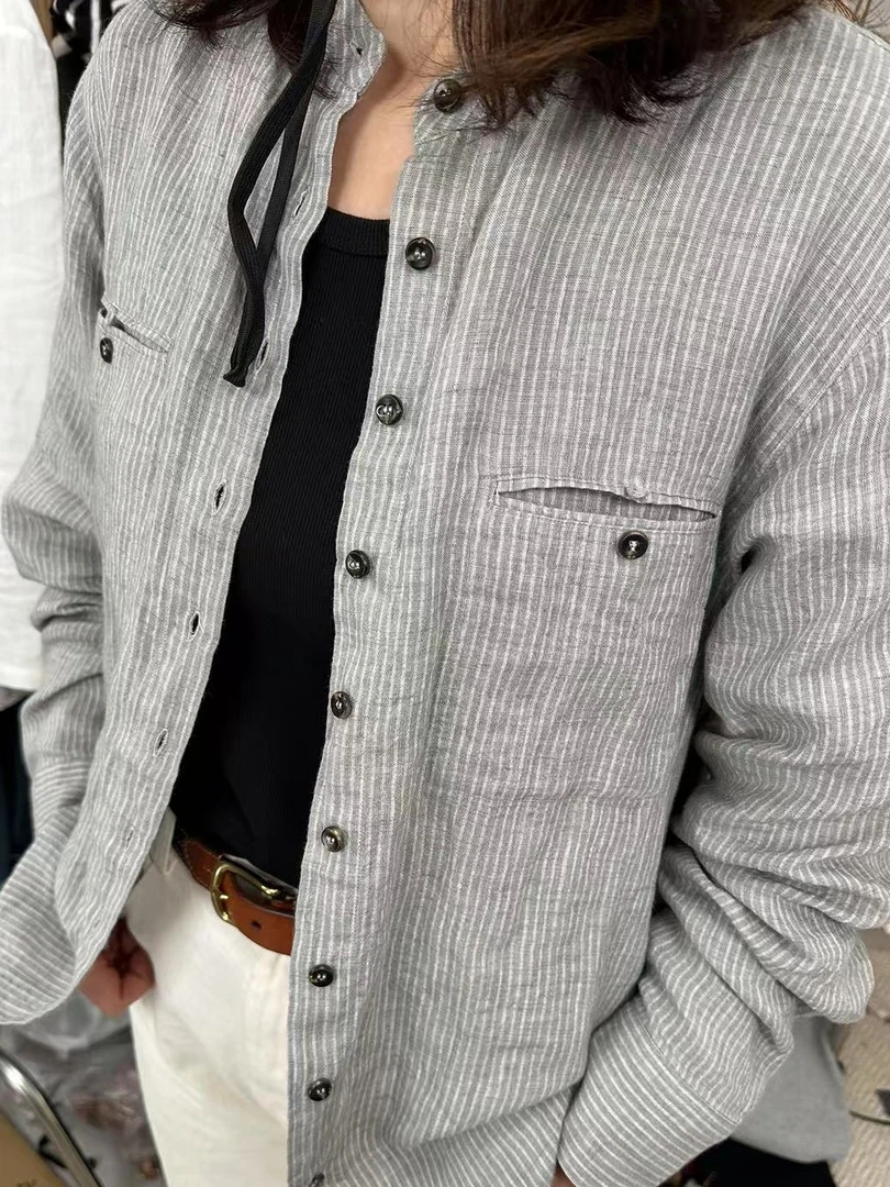 大禾自制：文艺风条纹长袖衬衫双眼皮立领衬衫