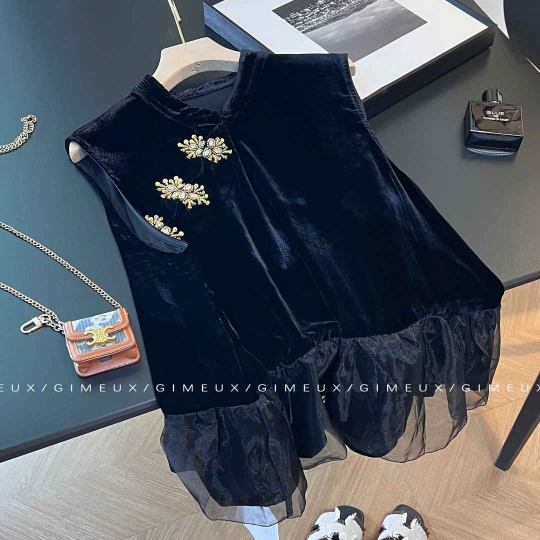 复古国风时尚轻奢丝绒无袖衬衫女夏2025新款别致盘扣网纱拼接上衣