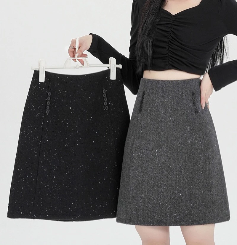 毛呢显瘦百搭2025高级新款冬日秋冬繁星亮片中裙高腰半身裙