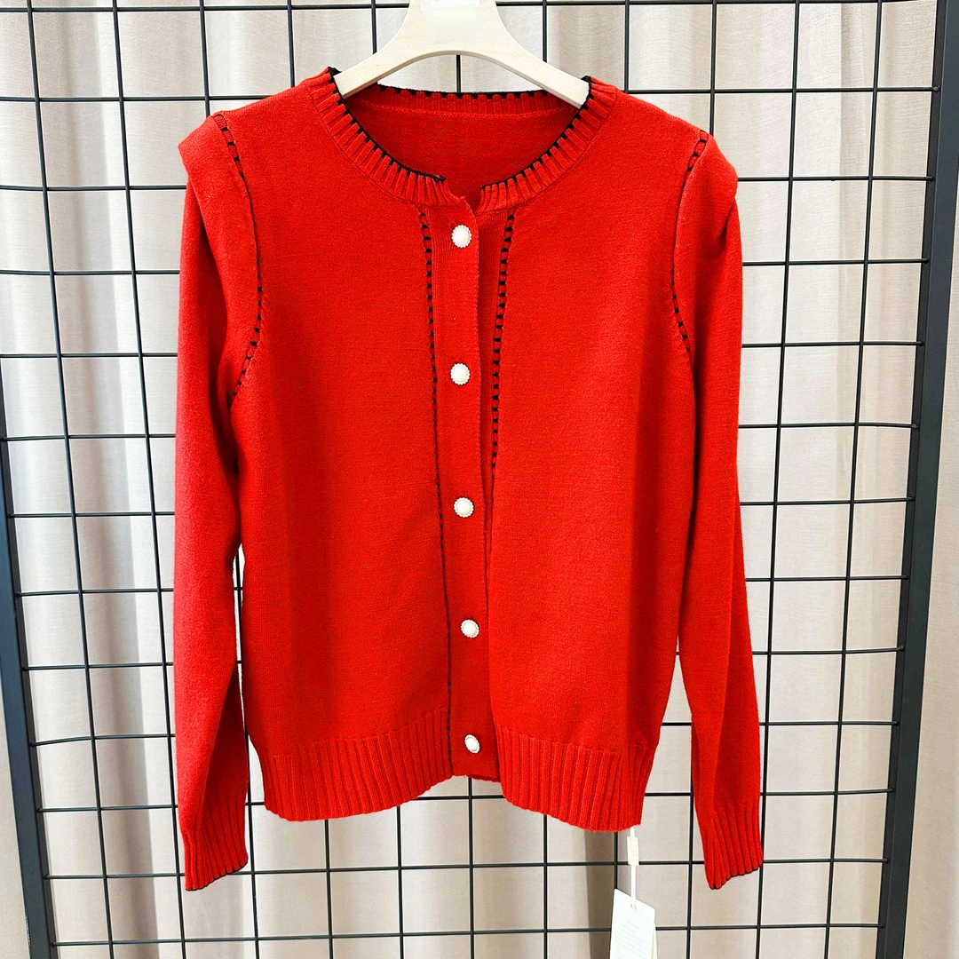 【秋季新款】C5410红色百搭洋气通勤气质休闲圆领针织开衫