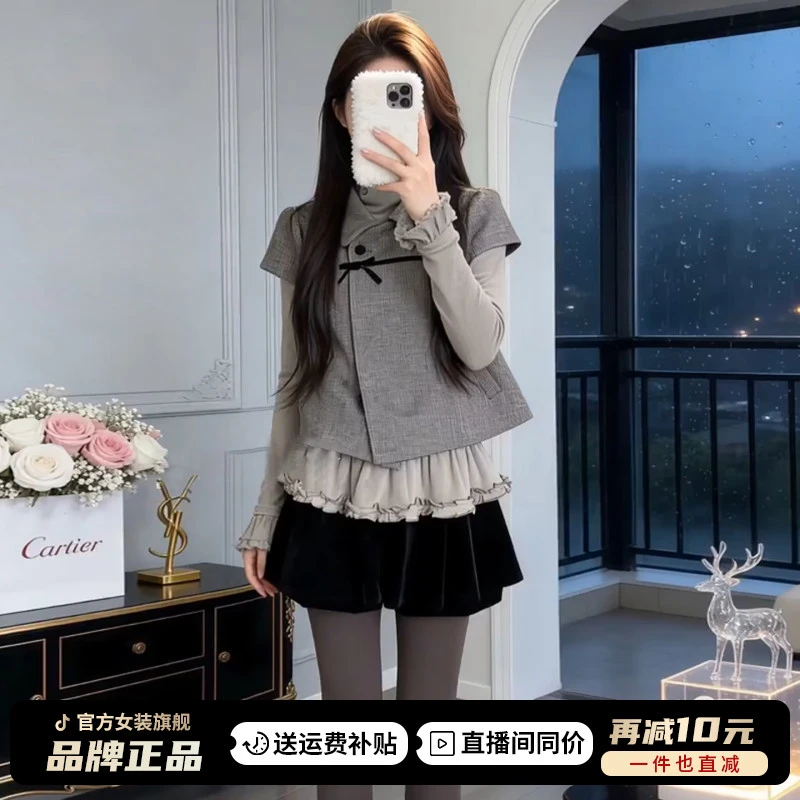 2025新款韩系穿搭一整套装花苞连衣裙子女秋冬季设计小众衣服洋气
