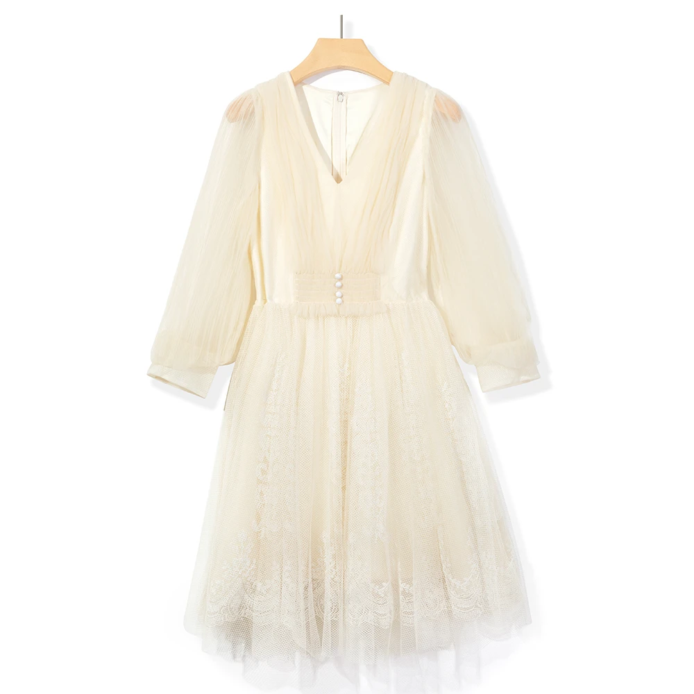 2025新款女装 V领仙女网纱连衣裙
