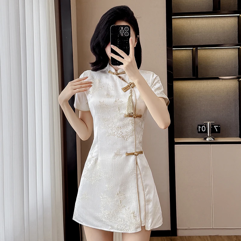 实拍现货夏季时尚改良旗袍盘扣新中式提花流苏连衣裙短裤两件套