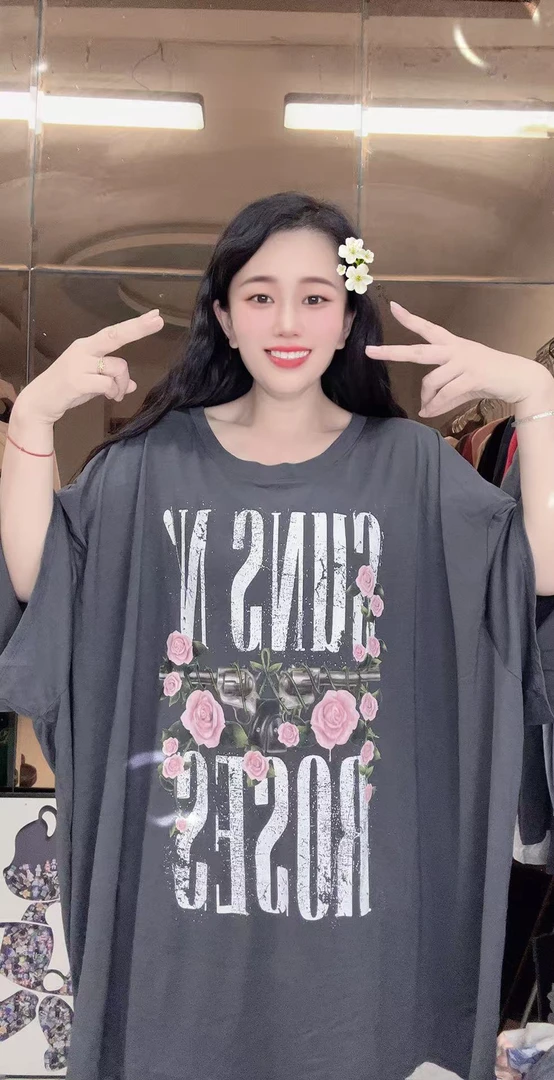 外贸纯棉特体大码T恤灰色玫瑰花