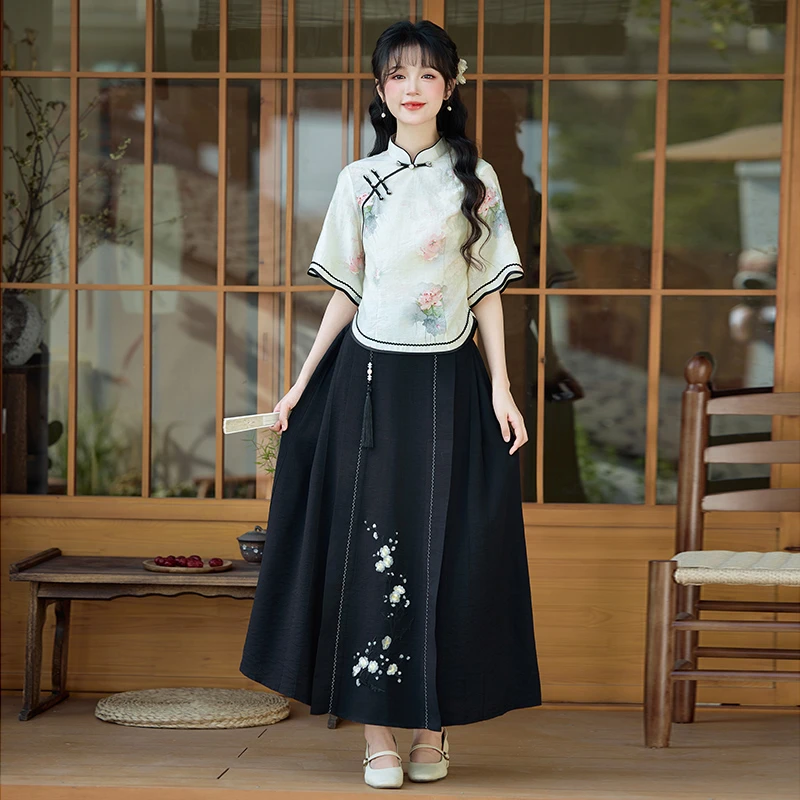 上衣半身裙+中国风茶服+新中式改良旗袍上衣两件套装裙D20850