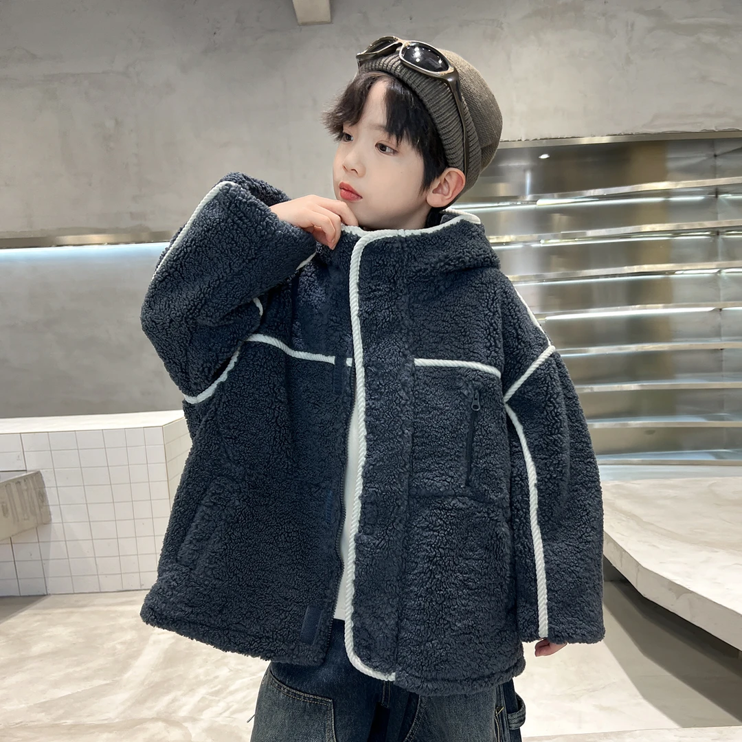 男童夹棉摇粒绒外套2025秋冬韩版新款中大童连帽加厚宽松休闲外套