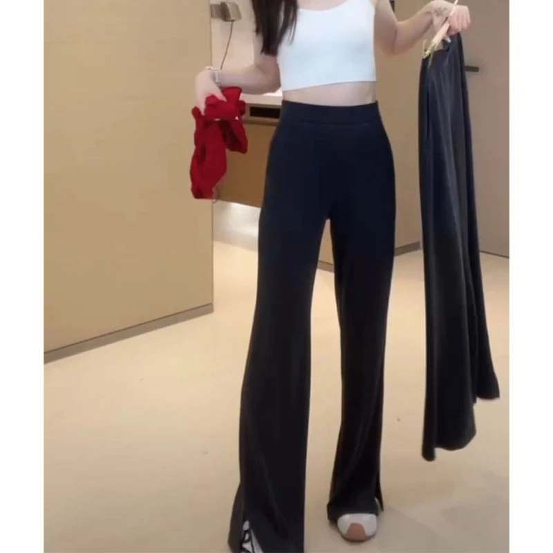 设计感简约高腰垂感直筒裤女夏季新款时尚百搭纯色开叉阔腿休闲裤